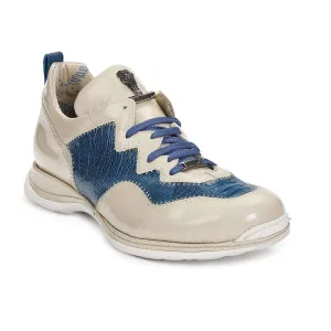 Mauri 8696 Designer Shoes Exotic Skin Men's Patent Leather & Ostrich Leg Off White & Blue Sneakers 8696 (MA4930)