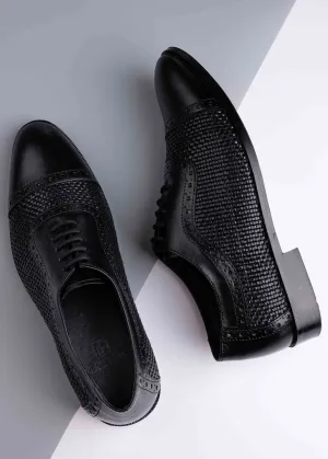 Men Black Basket Weave Textured Oxford Shoes