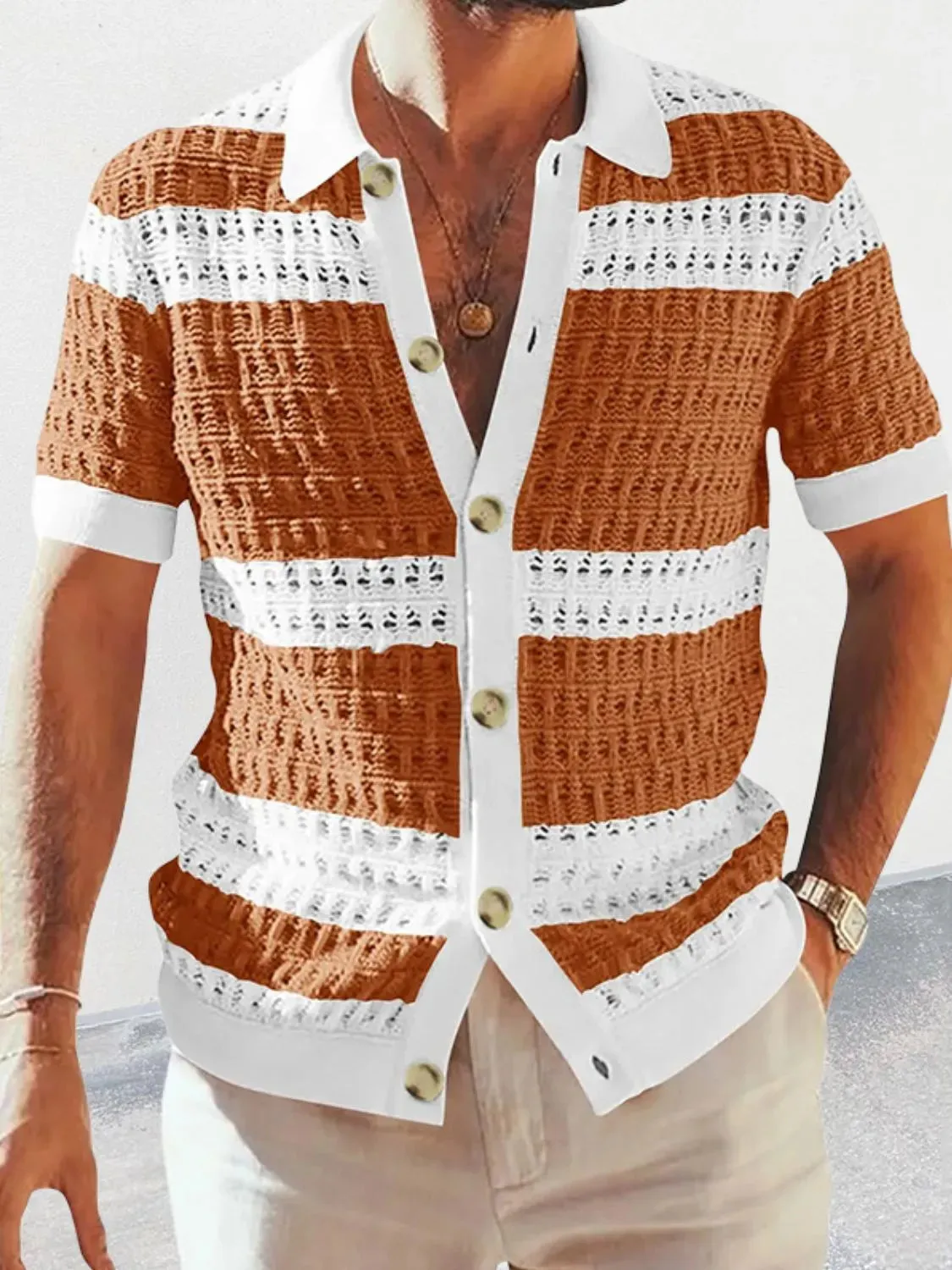Men's Button Down Collared Neck Contrast Openwork Shirt