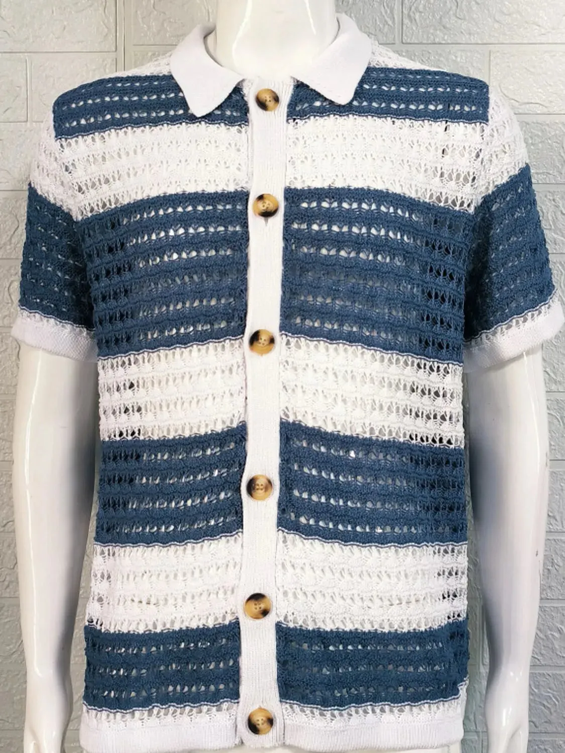 Men's Button Down Collared Neck Contrast Openwork Shirt