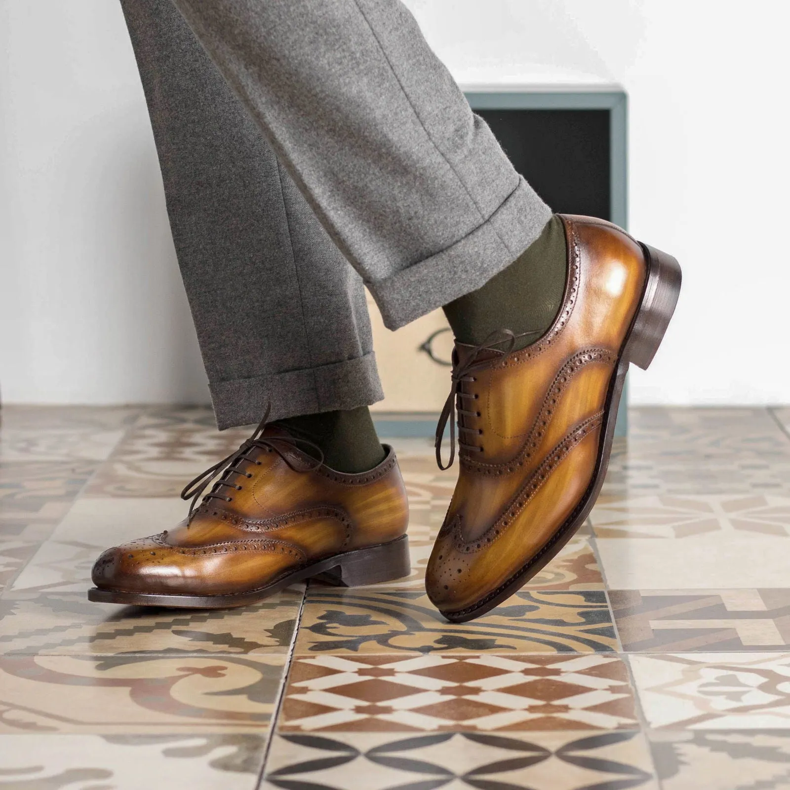 Men's Full Brogue Shoes Patina Leather Goodyear Welt Wide Plus Size Brown 5649
