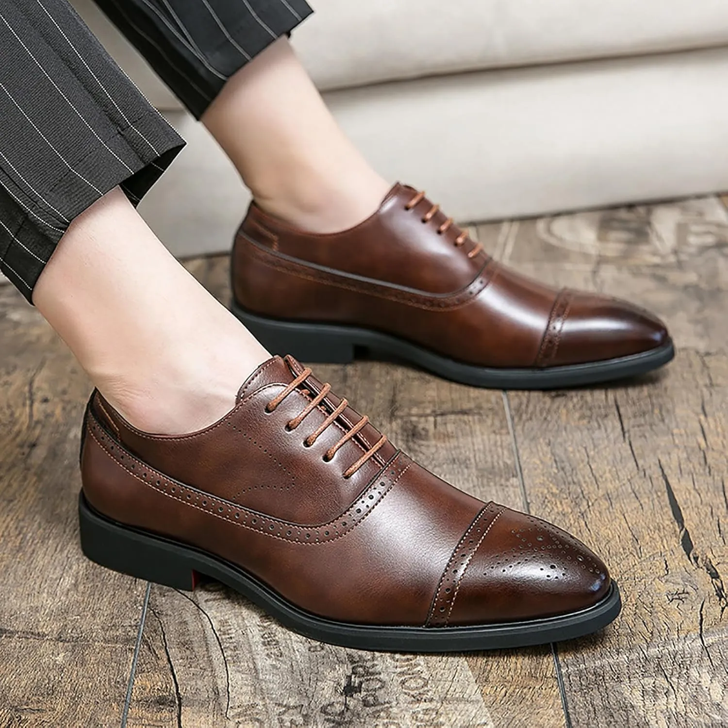 Men's Lace up Wingtip Brogues Dress Shoes,Fashion Modern Wingtip Business Banquet Work Formal Shoes Casual Pointed Toe Low Top Anti-Slip Leather Oxfords