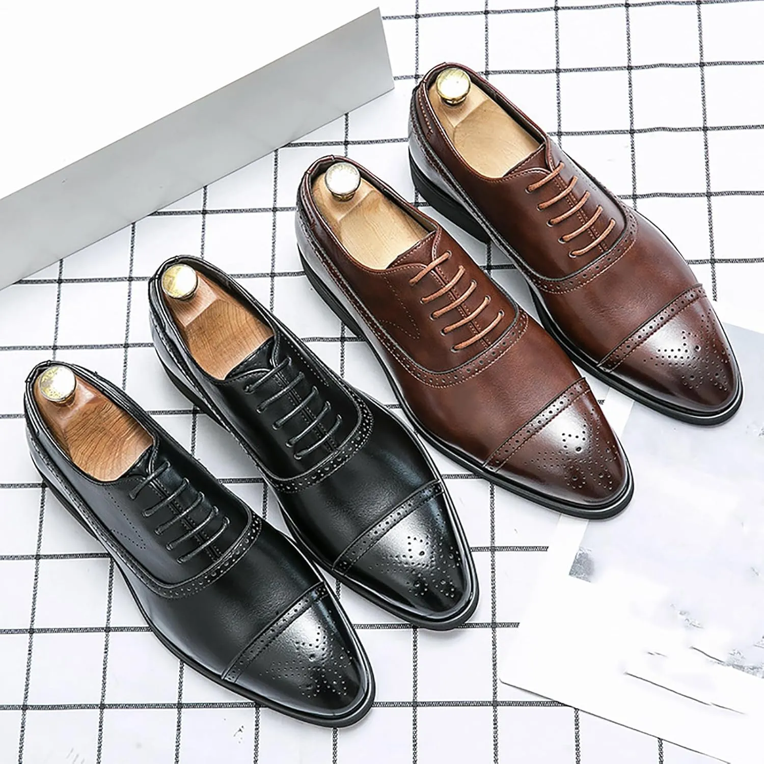 Men's Lace up Wingtip Brogues Dress Shoes,Fashion Modern Wingtip Business Banquet Work Formal Shoes Casual Pointed Toe Low Top Anti-Slip Leather Oxfords