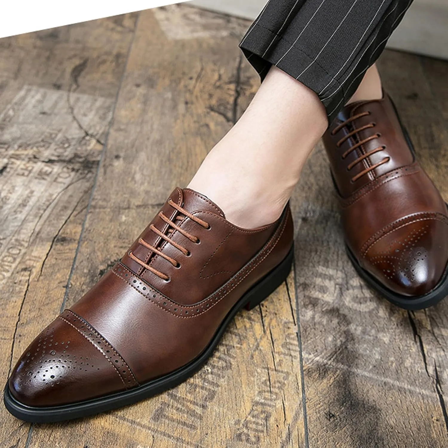 Men's Lace up Wingtip Brogues Dress Shoes,Fashion Modern Wingtip Business Banquet Work Formal Shoes Casual Pointed Toe Low Top Anti-Slip Leather Oxfords