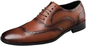 Men's Leather Brogue Dress Oxfords Shoes - Classic Fashion Wingtip Slip-On Loafers, Business Casual Comfortable Formal Footwear