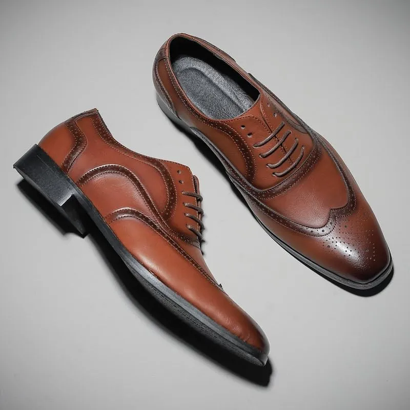 Men's Leather Brogue Dress Oxfords Shoes - Classic Fashion Wingtip Slip-On Loafers, Business Casual Comfortable Formal Footwear
