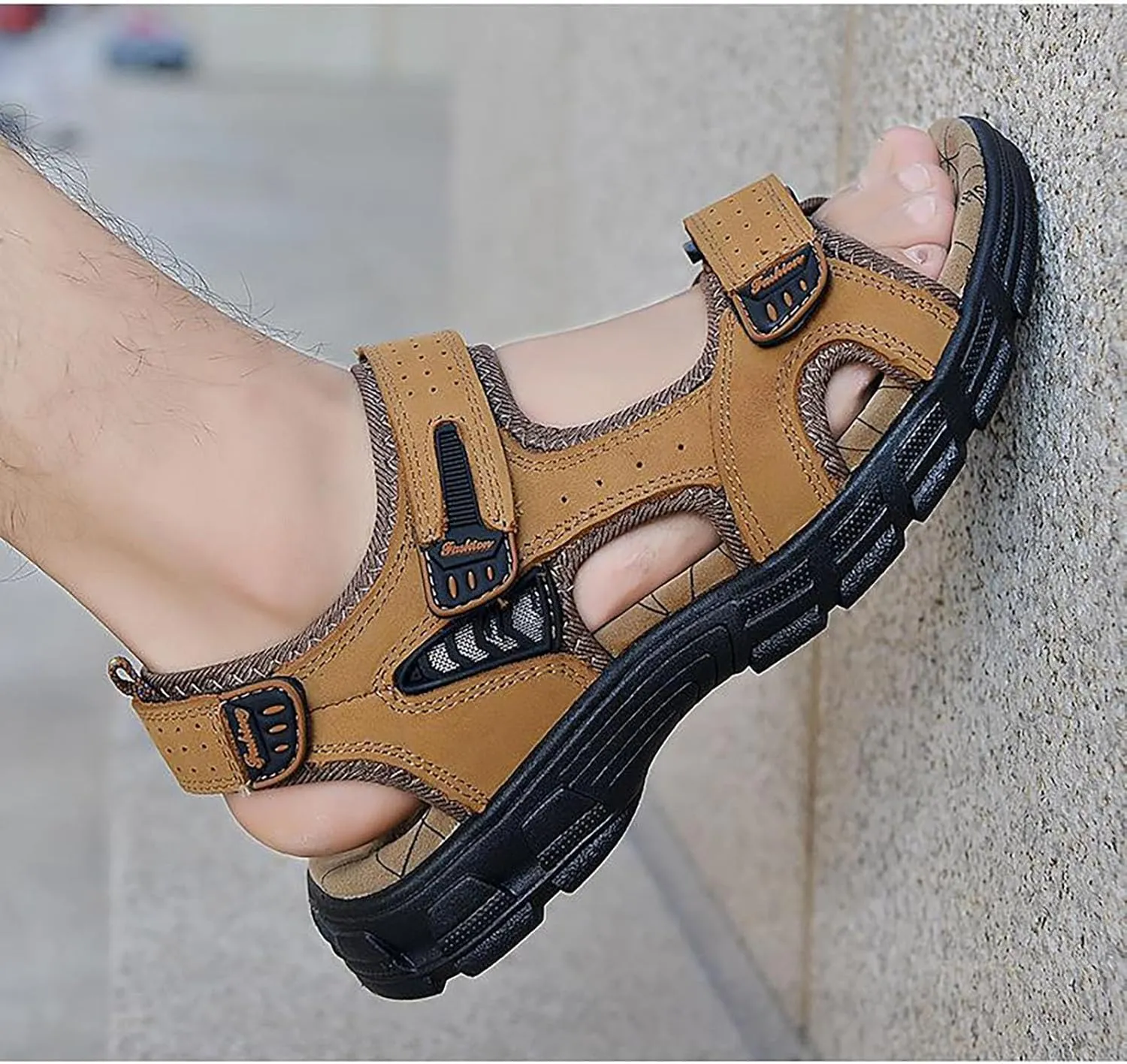 Men's Leather Sandals for Hiking Walking Beach Treads Water Athletic Outdoor with Air Cushion