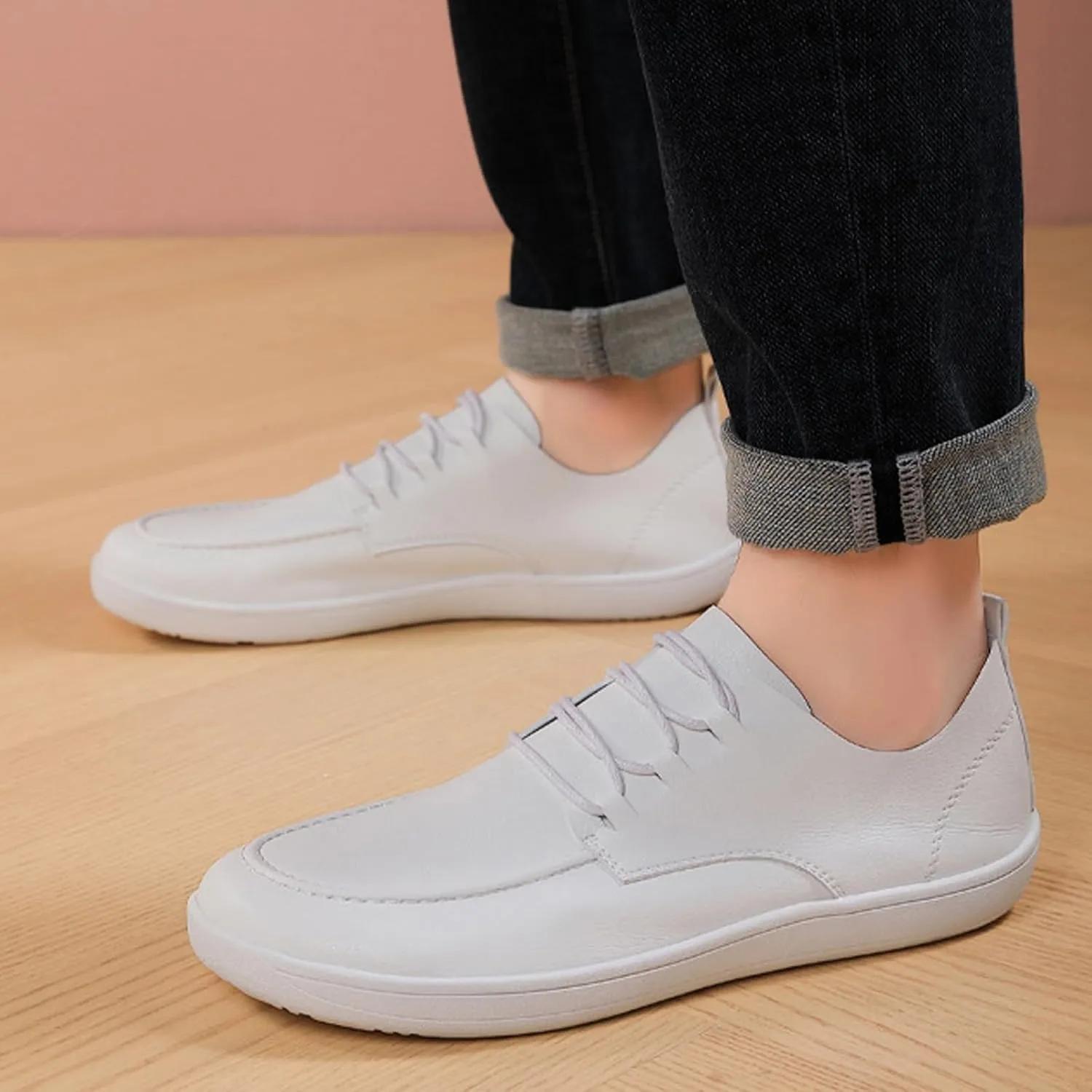 Men's Leather Wide Toe Flat Oxford Shoes Comfortable Round Toe Soft Sole Non-Slip Lace-Up Business Work Shopping Barefoot Casual Shoes