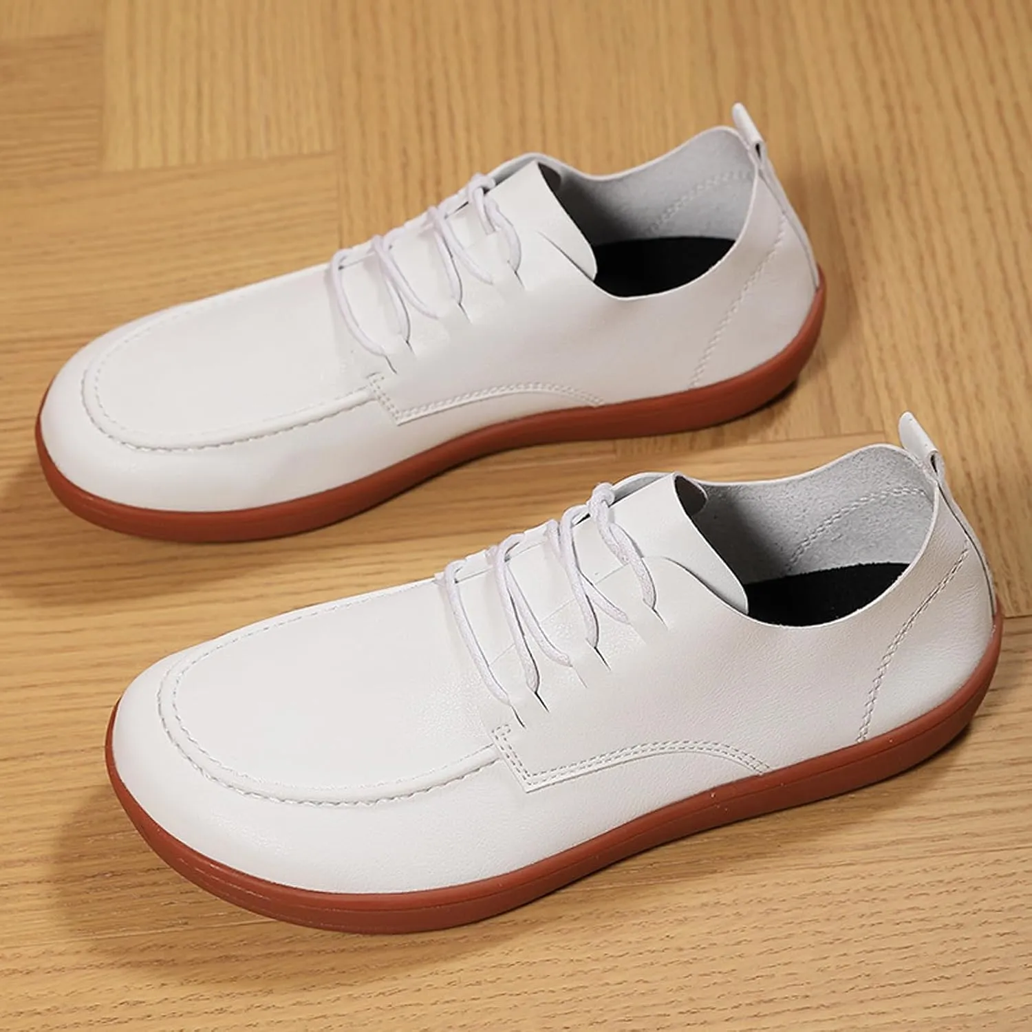 Men's Leather Wide Toe Flat Oxford Shoes Comfortable Round Toe Soft Sole Non-Slip Lace-Up Business Work Shopping Barefoot Casual Shoes