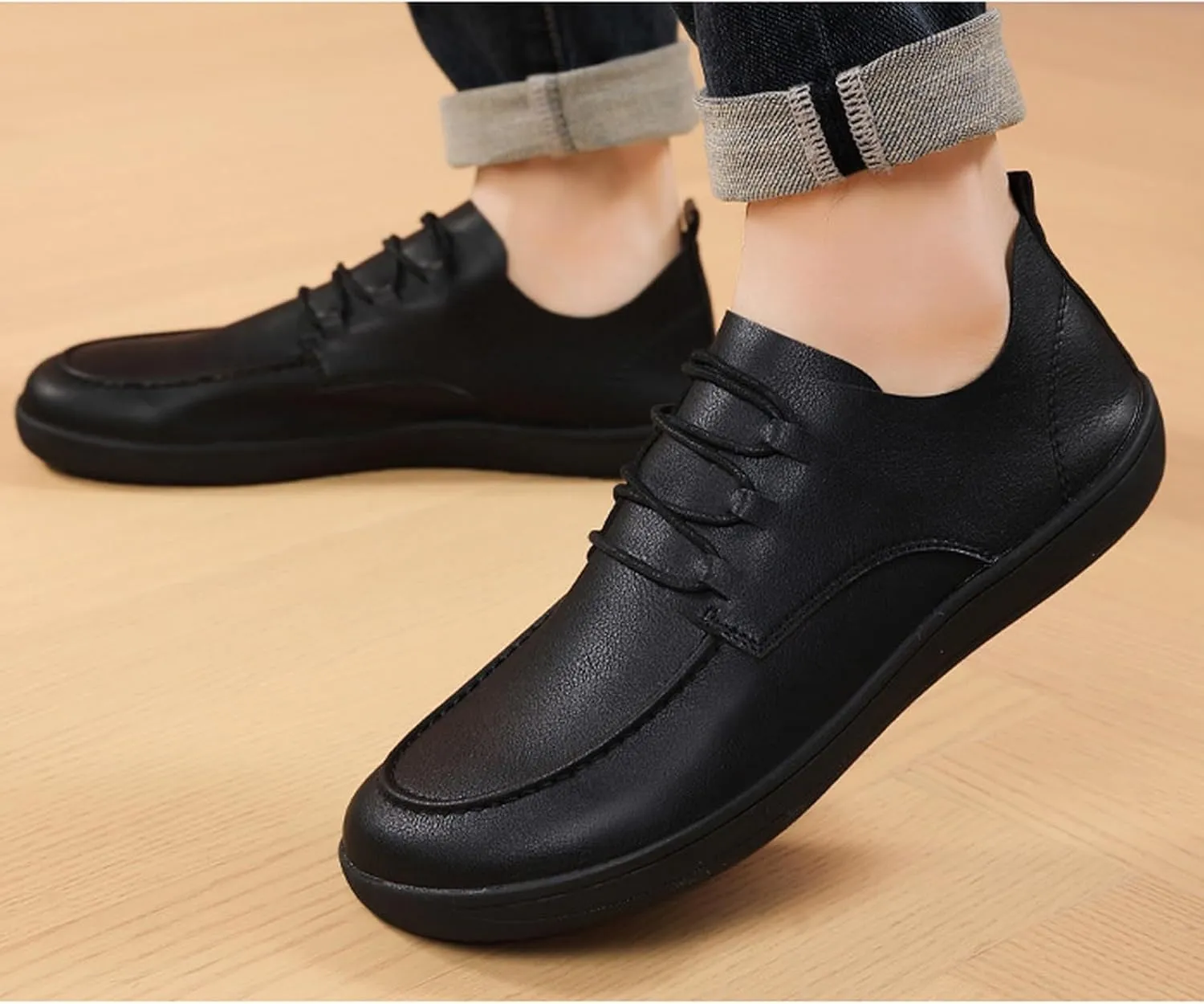 Men's Leather Wide Toe Flat Oxford Shoes Comfortable Round Toe Soft Sole Non-Slip Lace-Up Business Work Shopping Barefoot Casual Shoes