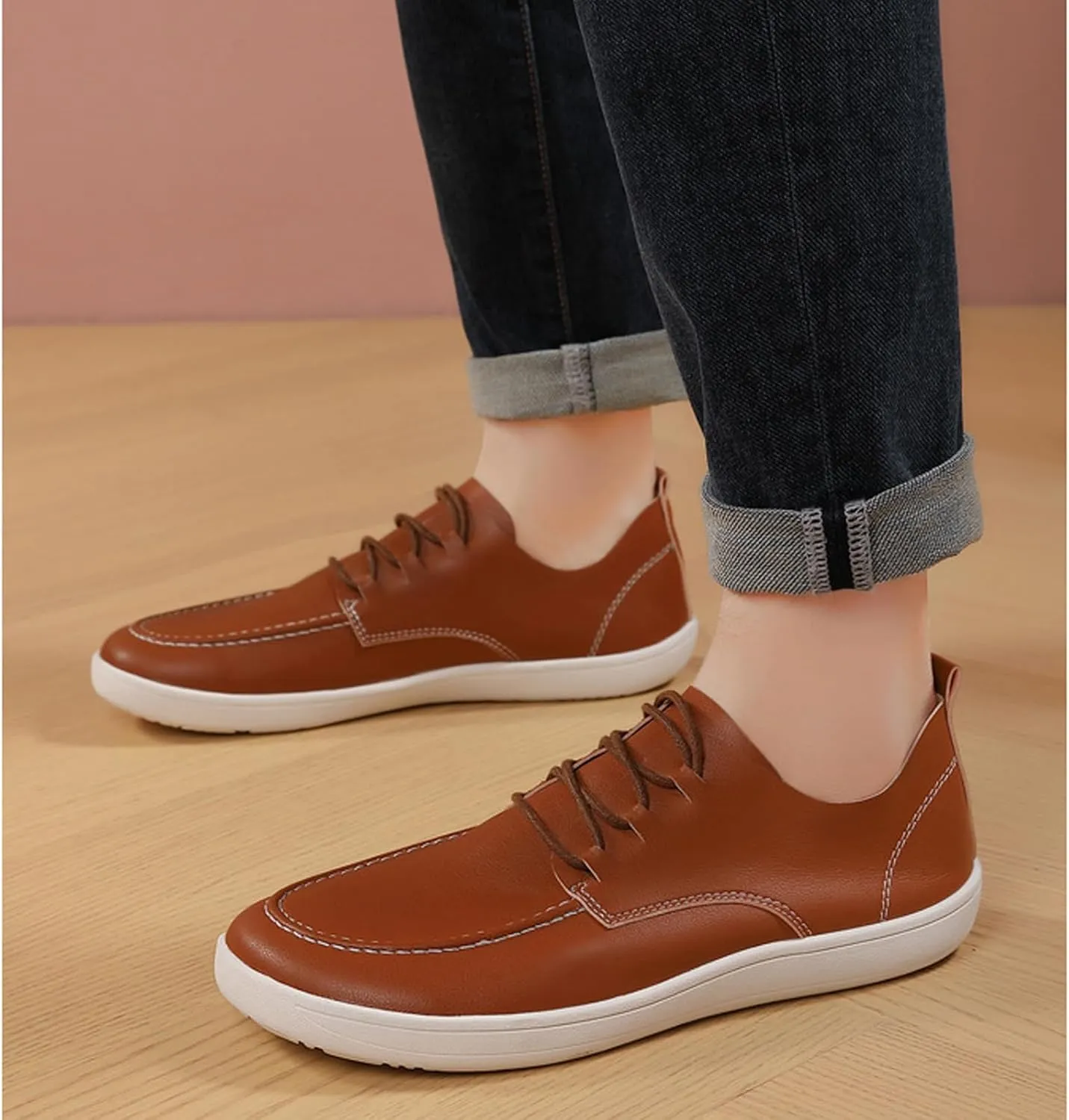 Men's Leather Wide Toe Flat Oxford Shoes Comfortable Round Toe Soft Sole Non-Slip Lace-Up Business Work Shopping Barefoot Casual Shoes