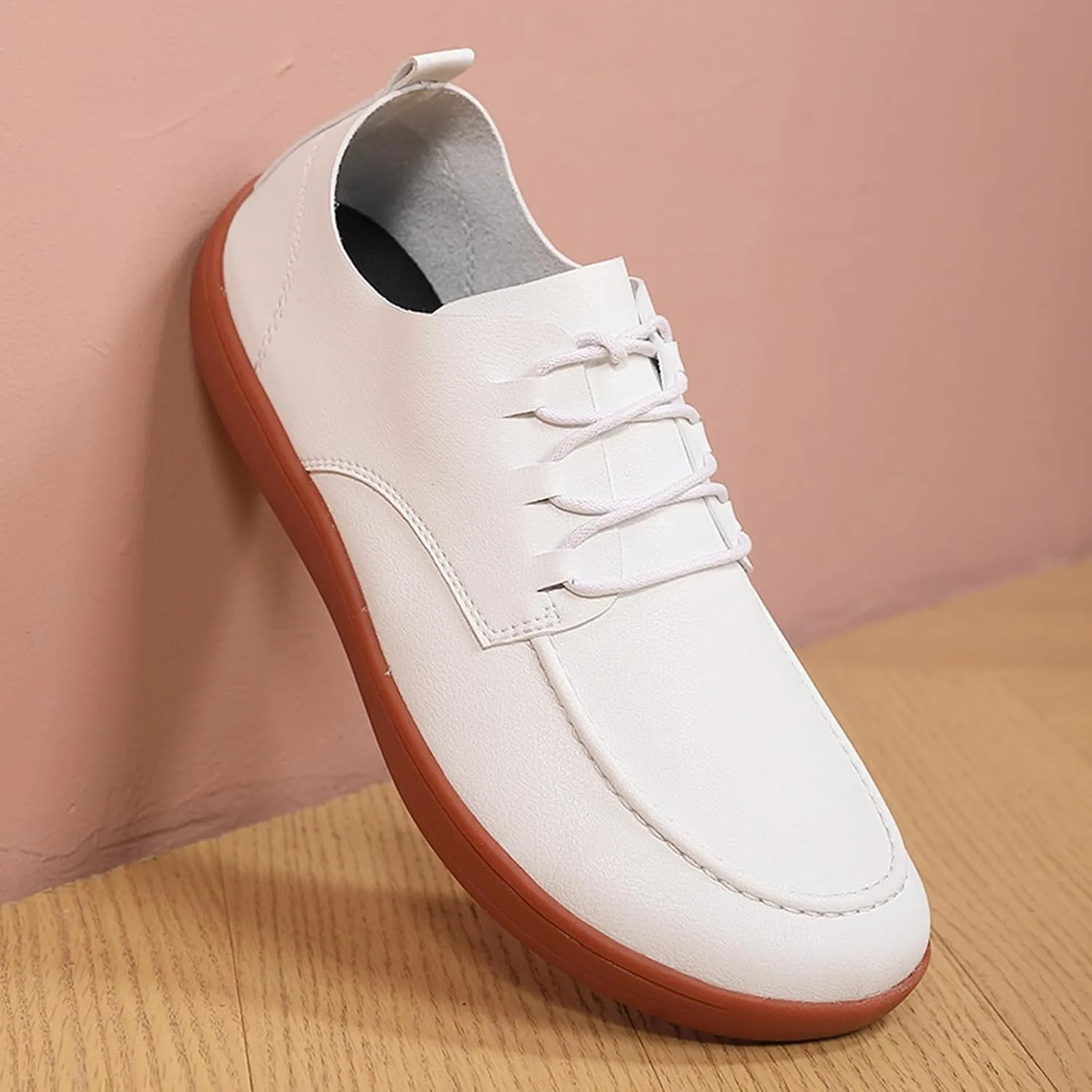 Men's Leather Wide Toe Flat Oxford Shoes Comfortable Round Toe Soft Sole Non-Slip Lace-Up Business Work Shopping Barefoot Casual Shoes