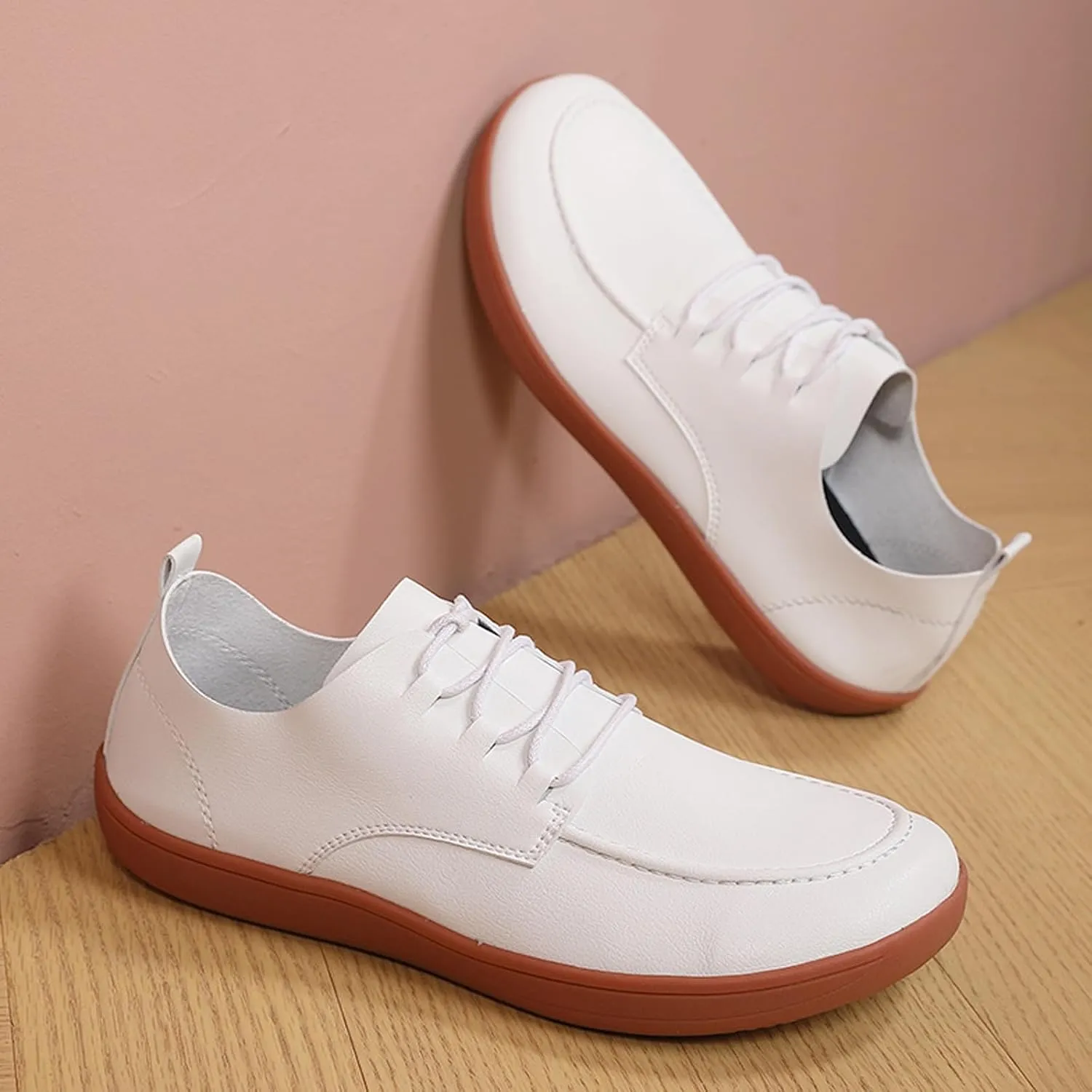 Men's Leather Wide Toe Flat Oxford Shoes Comfortable Round Toe Soft Sole Non-Slip Lace-Up Business Work Shopping Barefoot Casual Shoes