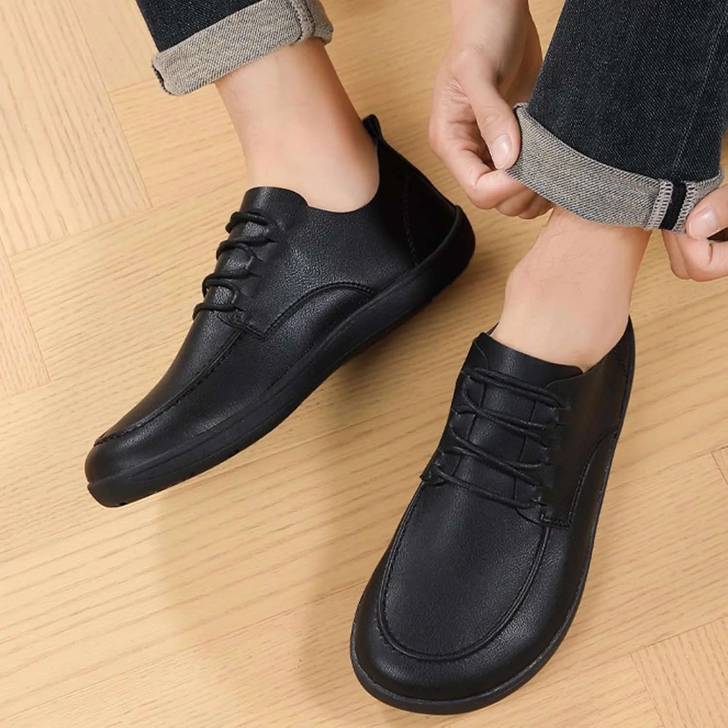 Men's Leather Wide Toe Flat Oxford Shoes Comfortable Round Toe Soft Sole Non-Slip Lace-Up Business Work Shopping Barefoot Casual Shoes