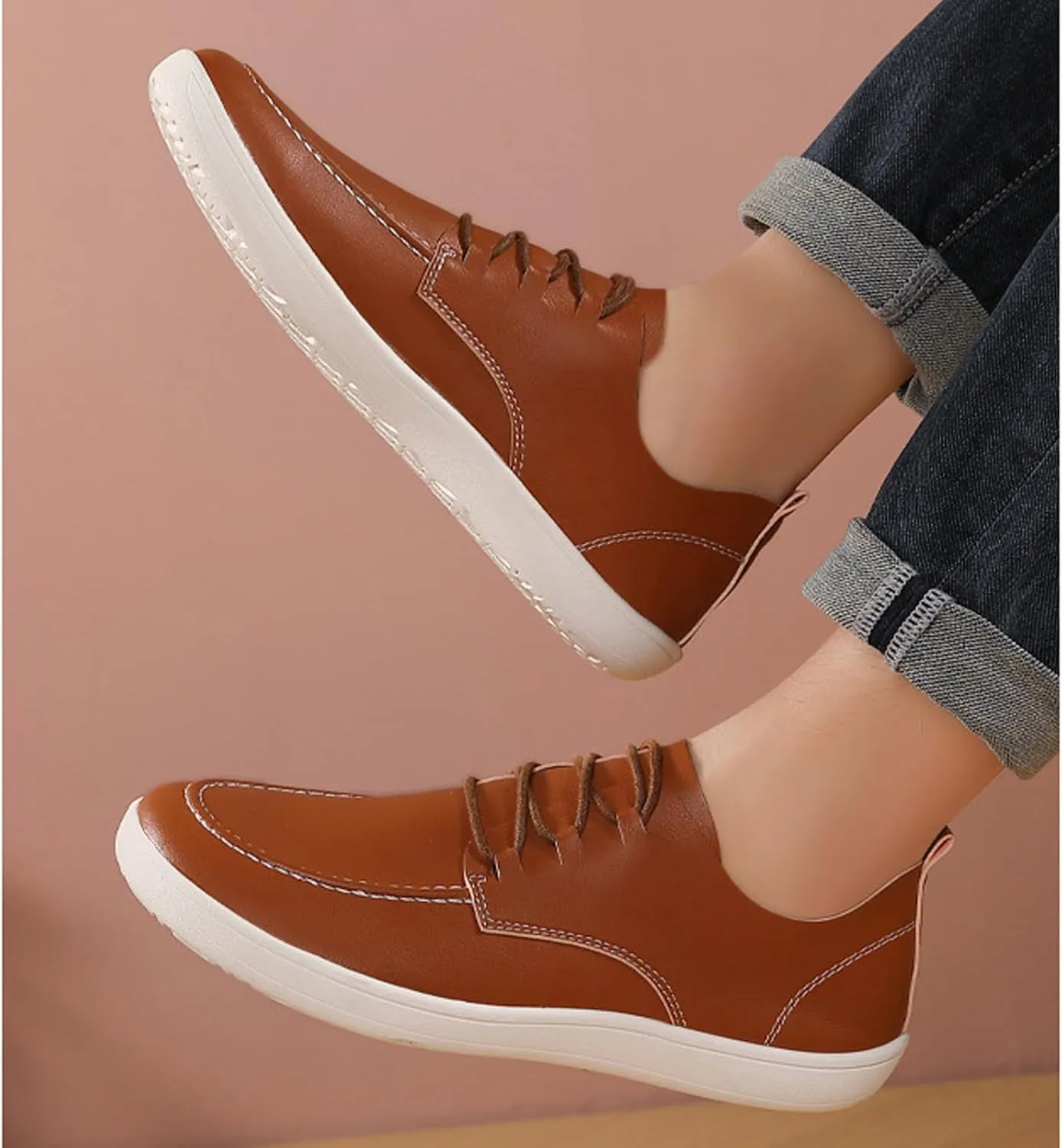 Men's Leather Wide Toe Flat Oxford Shoes Comfortable Round Toe Soft Sole Non-Slip Lace-Up Business Work Shopping Barefoot Casual Shoes