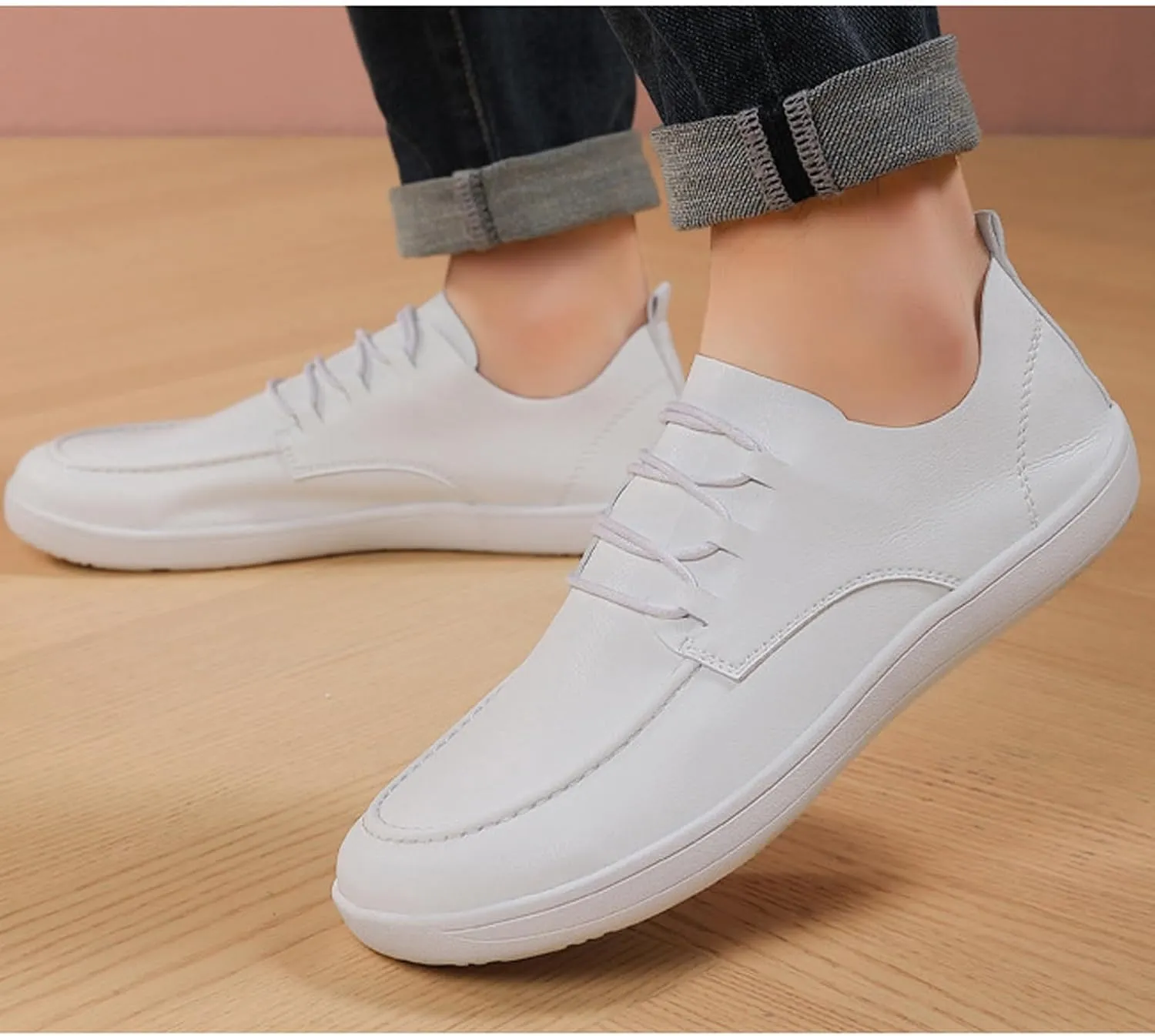 Men's Leather Wide Toe Flat Oxford Shoes Comfortable Round Toe Soft Sole Non-Slip Lace-Up Business Work Shopping Barefoot Casual Shoes