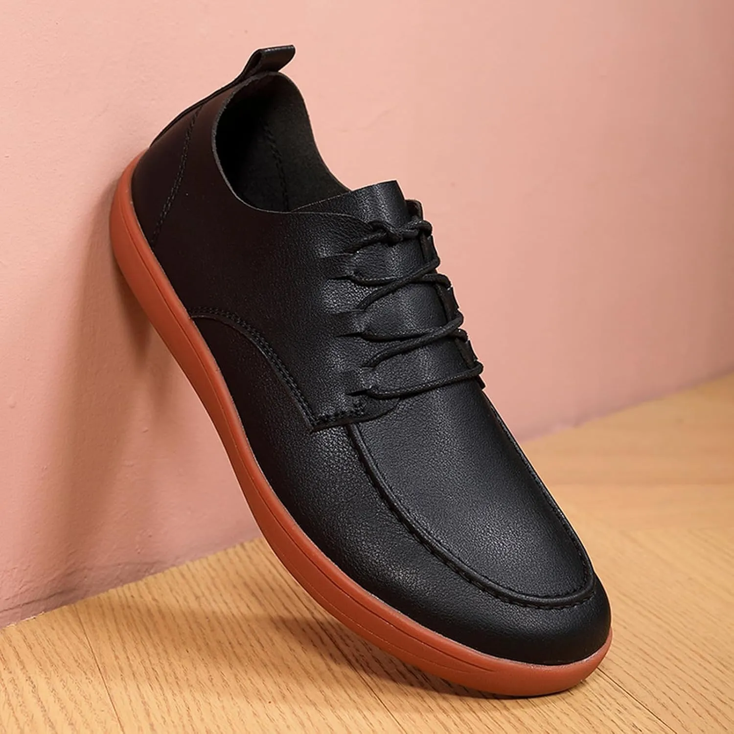 Men's Leather Wide Toe Flat Oxford Shoes Comfortable Round Toe Soft Sole Non-Slip Lace-Up Business Work Shopping Barefoot Casual Shoes