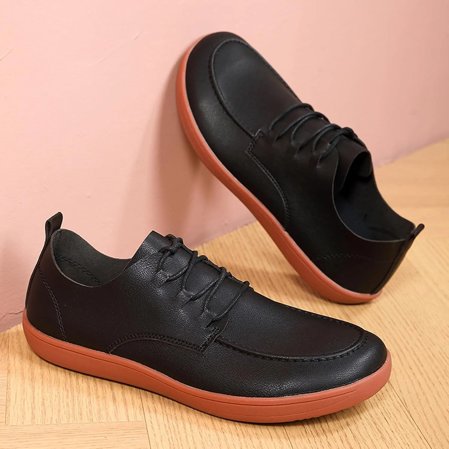 Men's Leather Wide Toe Flat Oxford Shoes Comfortable Round Toe Soft Sole Non-Slip Lace-Up Business Work Shopping Barefoot Casual Shoes