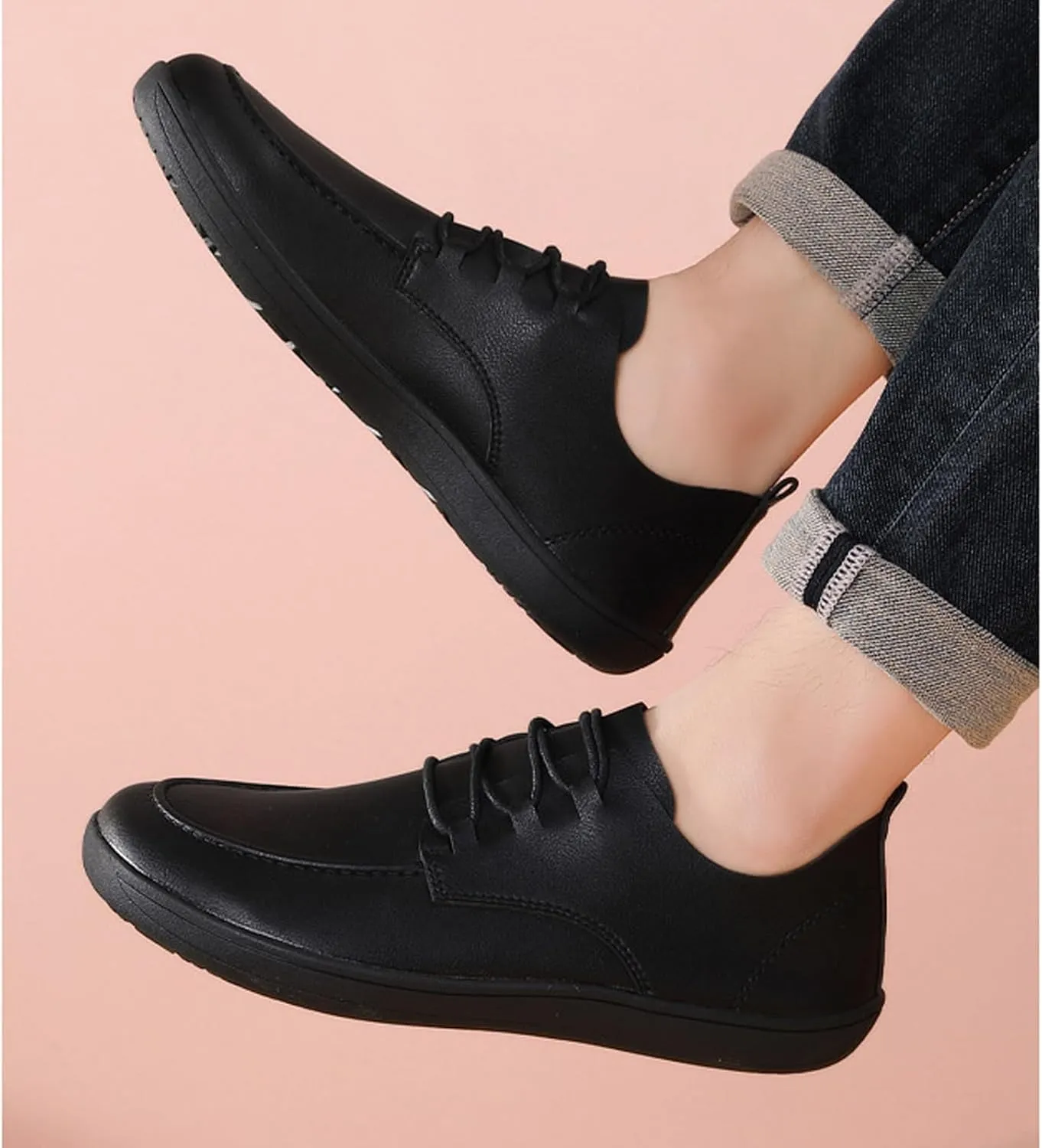 Men's Leather Wide Toe Flat Oxford Shoes Comfortable Round Toe Soft Sole Non-Slip Lace-Up Business Work Shopping Barefoot Casual Shoes