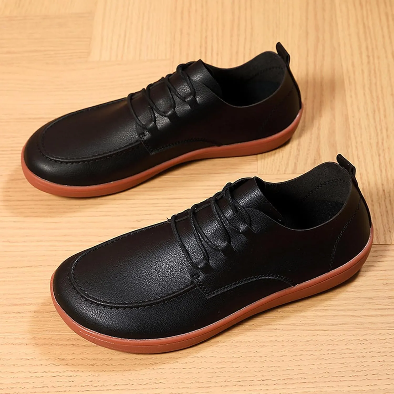 Men's Leather Wide Toe Flat Oxford Shoes Comfortable Round Toe Soft Sole Non-Slip Lace-Up Business Work Shopping Barefoot Casual Shoes