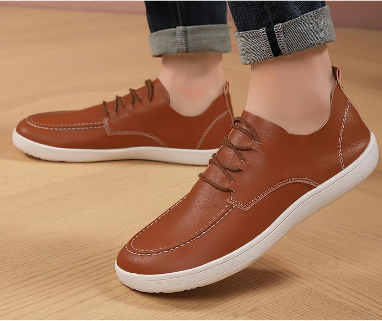 Men's Leather Wide Toe Flat Oxford Shoes Comfortable Round Toe Soft Sole Non-Slip Lace-Up Business Work Shopping Barefoot Casual Shoes