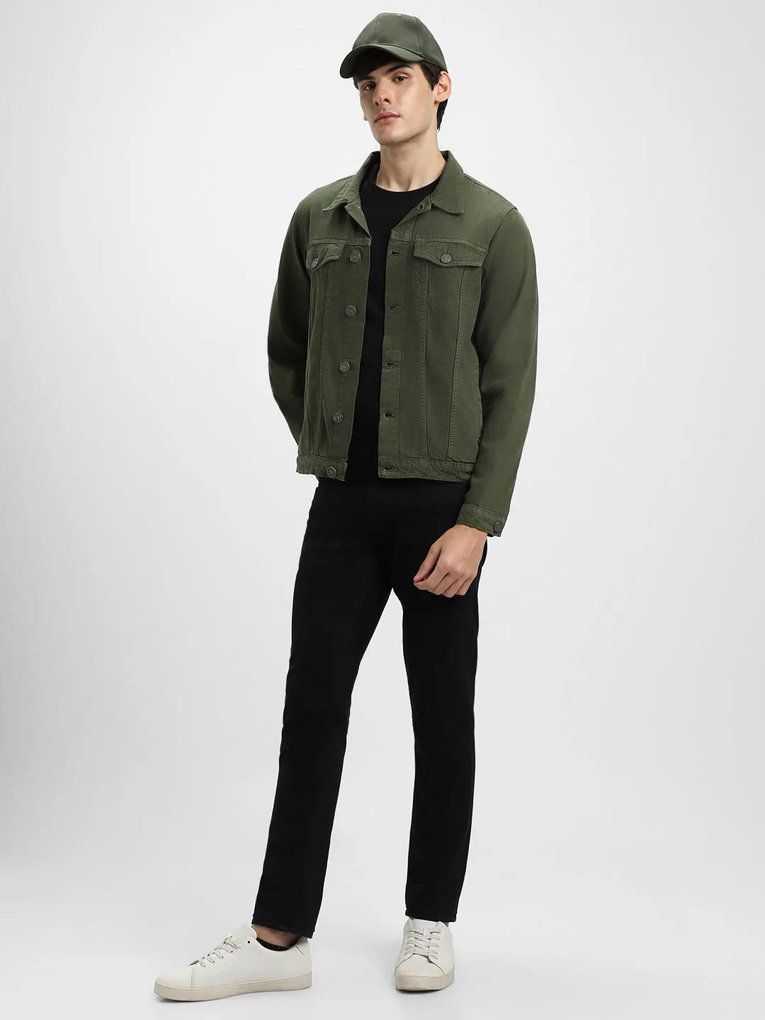 Men's Olive Washed Regular Fit Fit Collar Full Sleeves Denim Jacket Denim Jacket
