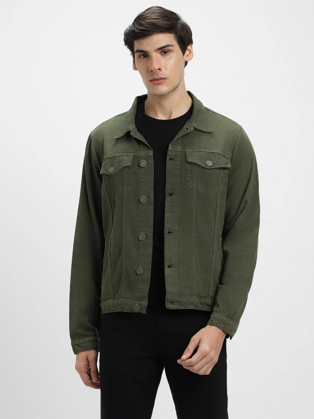 Men's Olive Washed Regular Fit Fit Collar Full Sleeves Denim Jacket Denim Jacket