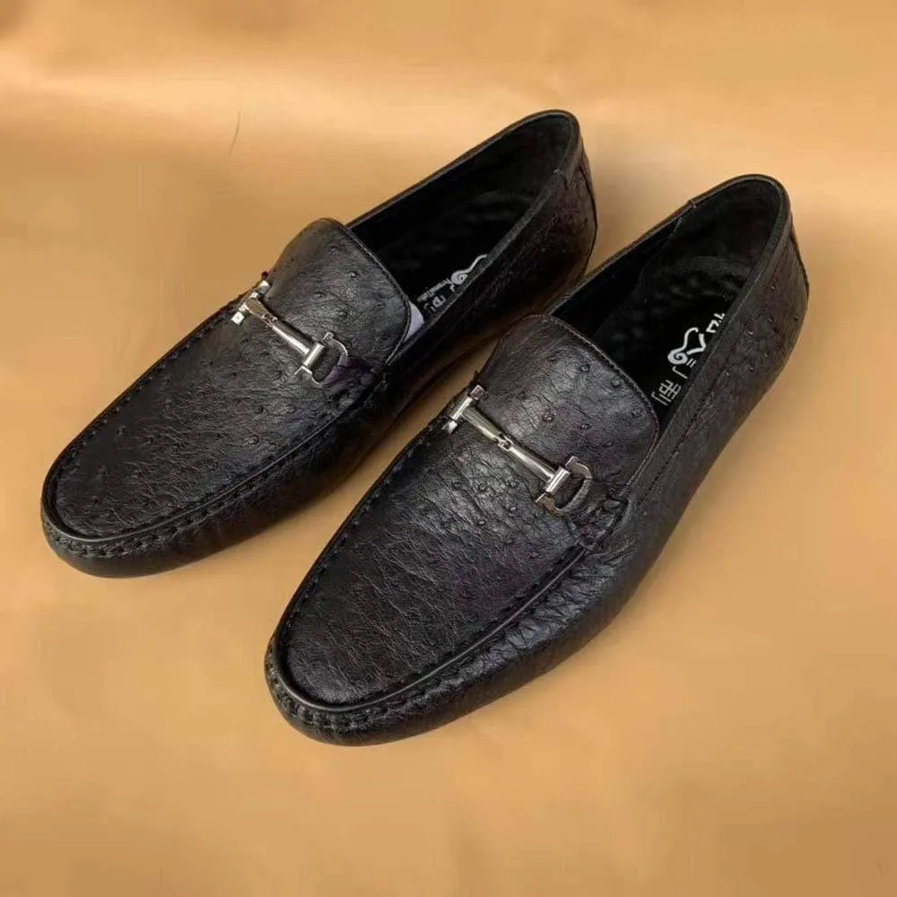 Men's Ostirch Leather Loafers Shoes Fashion Driving Shoes Business Dress Loafter Shoes Car Shoes Black