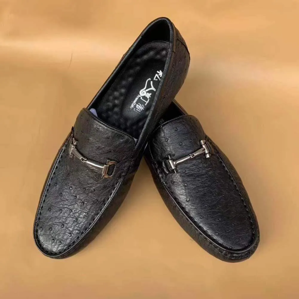 Men's Ostirch Leather Loafers Shoes Fashion Driving Shoes Business Dress Loafter Shoes Car Shoes Black