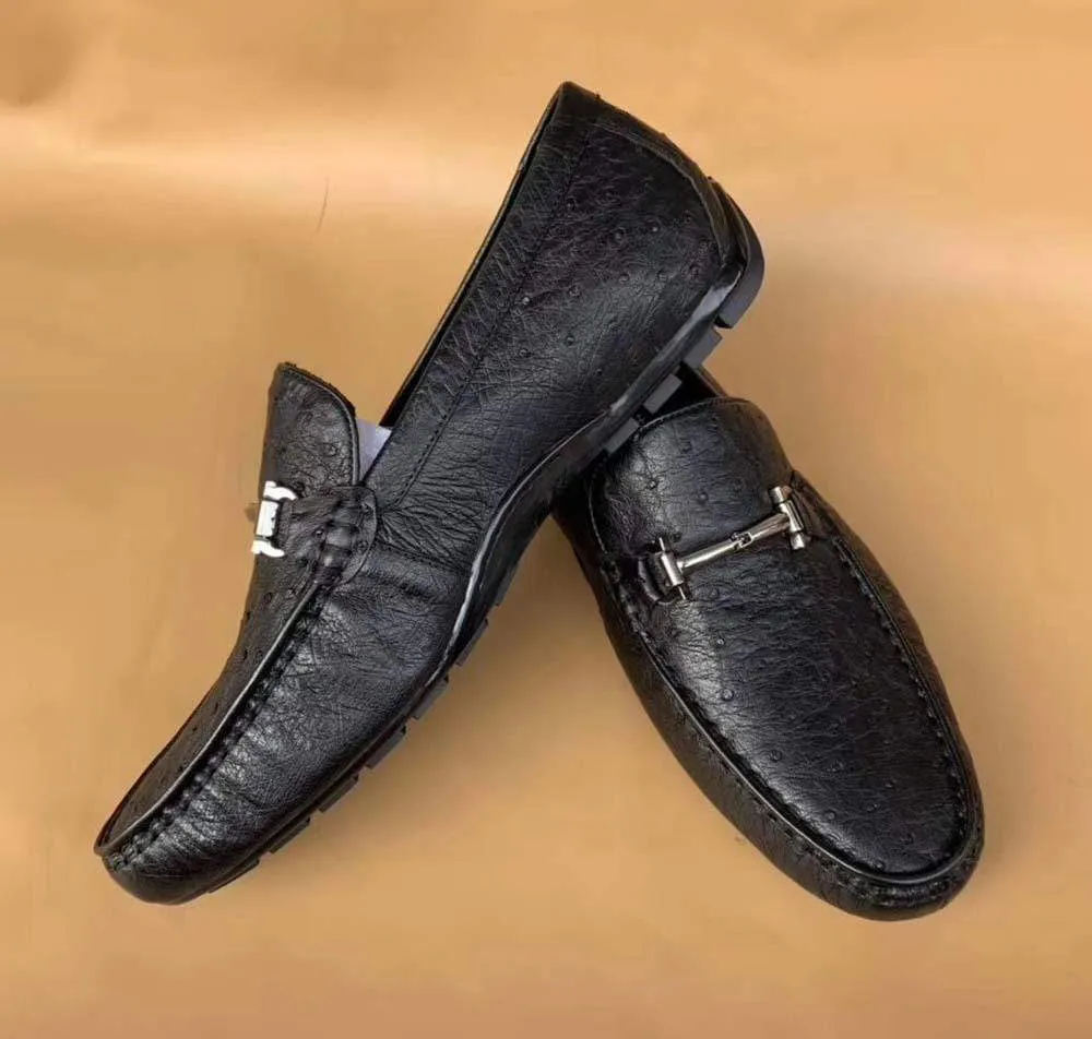 Men's Ostirch Leather Loafers Shoes Fashion Driving Shoes Business Dress Loafter Shoes Car Shoes Black