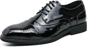 Men's Patent Leather Chunky Heel Brogue Oxford Shoes Retro Round Toe Non-Slip Lace-Up Business Wedding Tuxedo Formal Shoes