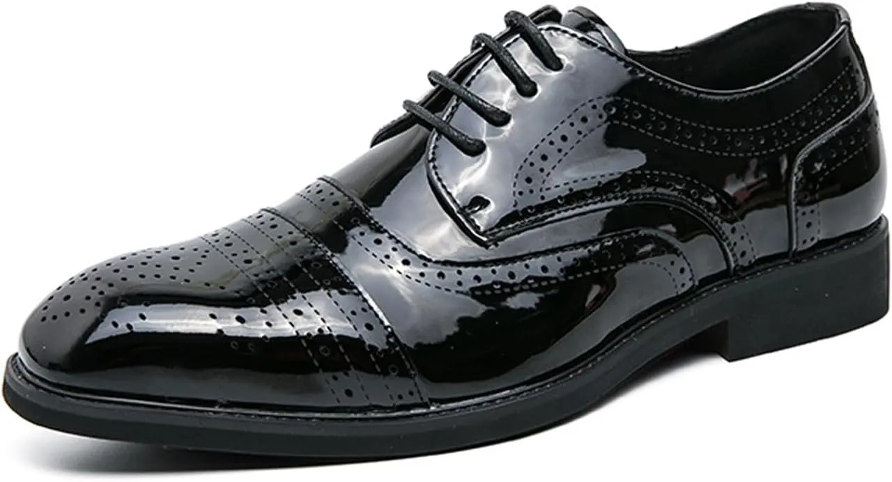 Men's Patent Leather Chunky Heel Brogue Oxford Shoes Retro Round Toe Non-Slip Lace-Up Business Wedding Tuxedo Formal Shoes