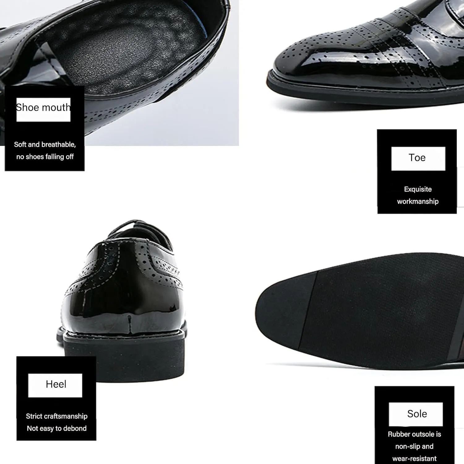 Men's Patent Leather Chunky Heel Brogue Oxford Shoes Retro Round Toe Non-Slip Lace-Up Business Wedding Tuxedo Formal Shoes