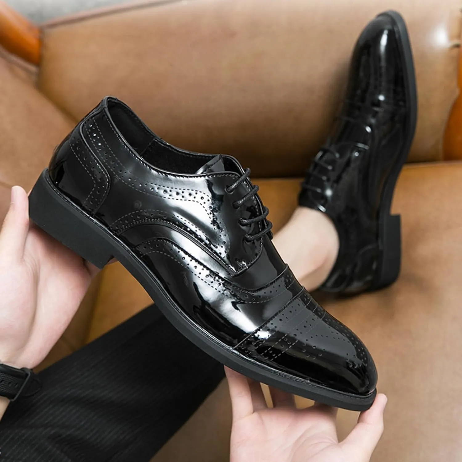 Men's Patent Leather Chunky Heel Brogue Oxford Shoes Retro Round Toe Non-Slip Lace-Up Business Wedding Tuxedo Formal Shoes