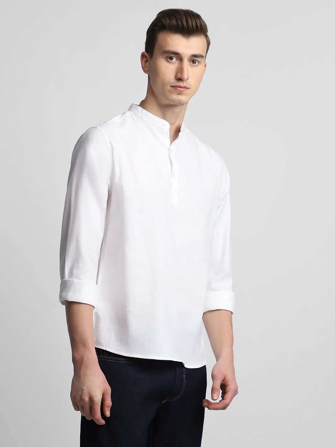 Men's Pop Over Mandarin Collar Slim Fit Solid White Casual Shirts