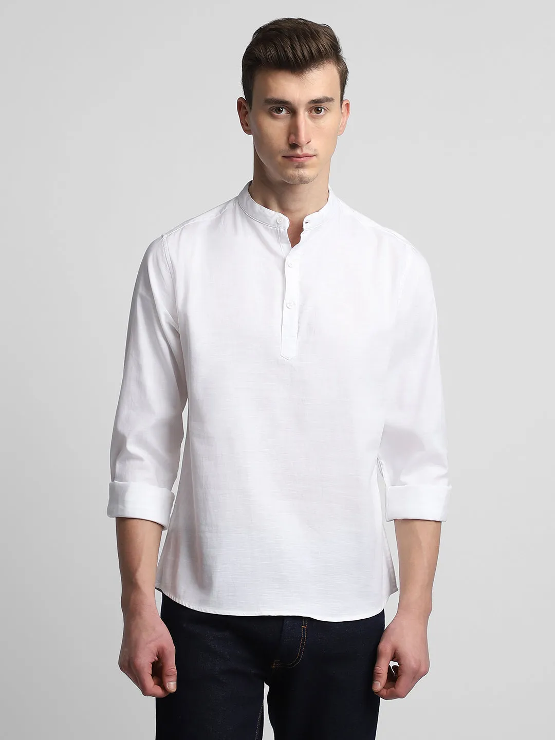 Men's Pop Over Mandarin Collar Slim Fit Solid White Casual Shirts