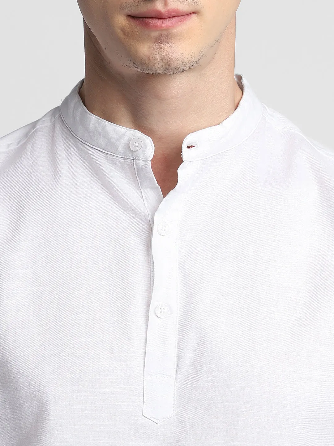 Men's Pop Over Mandarin Collar Slim Fit Solid White Casual Shirts