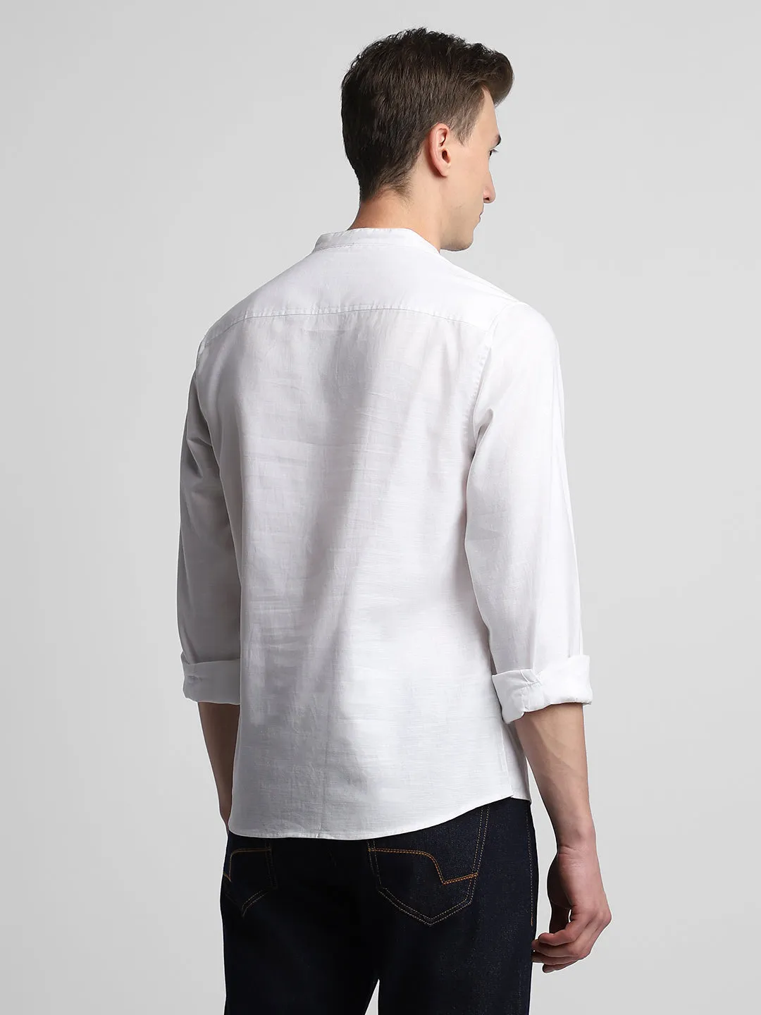 Men's Pop Over Mandarin Collar Slim Fit Solid White Casual Shirts