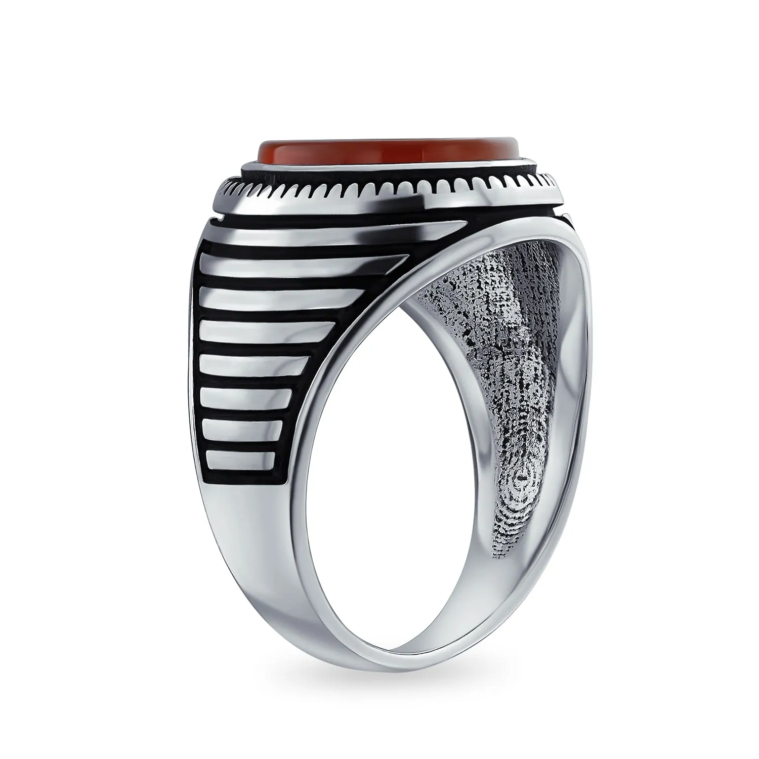 Mens Retro Stripe Gemstone Statement Oval Onyx Signet Ring Silver