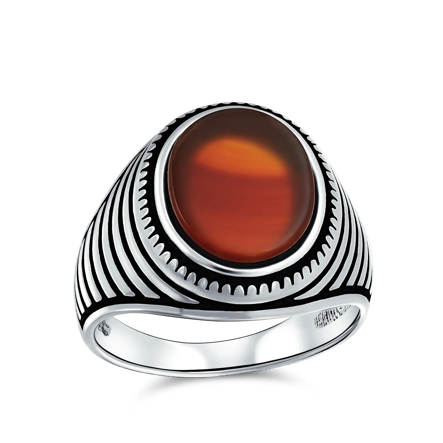Mens Retro Stripe Gemstone Statement Oval Onyx Signet Ring Silver
