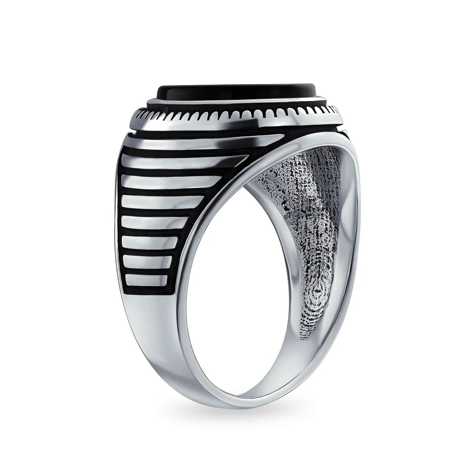 Mens Retro Stripe Gemstone Statement Oval Onyx Signet Ring Silver