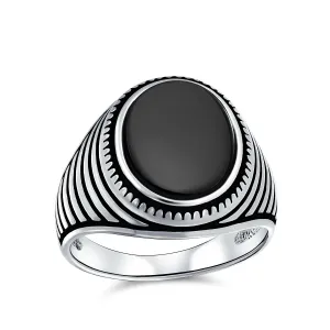 Mens Retro Stripe Gemstone Statement Oval Onyx Signet Ring Silver