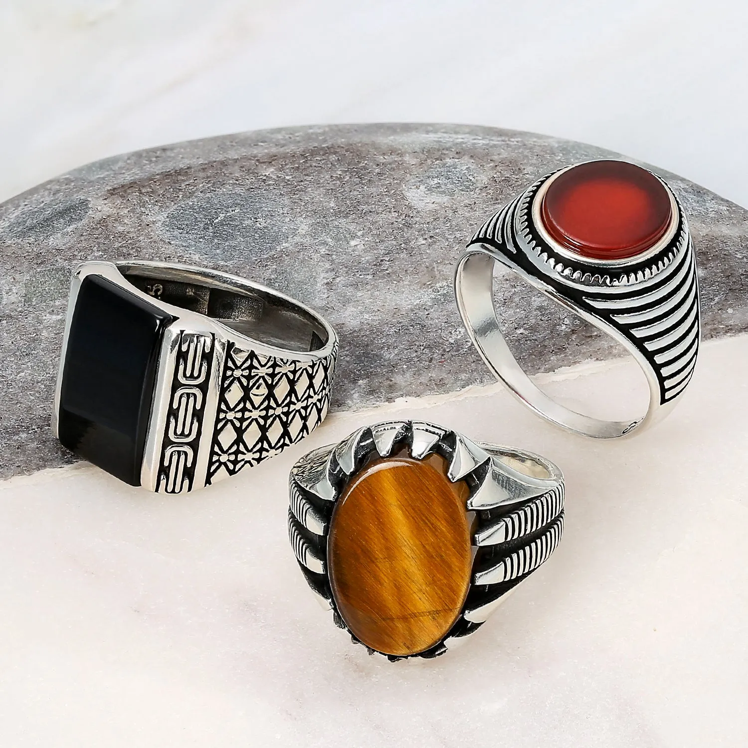 Mens Retro Stripe Gemstone Statement Oval Onyx Signet Ring Silver