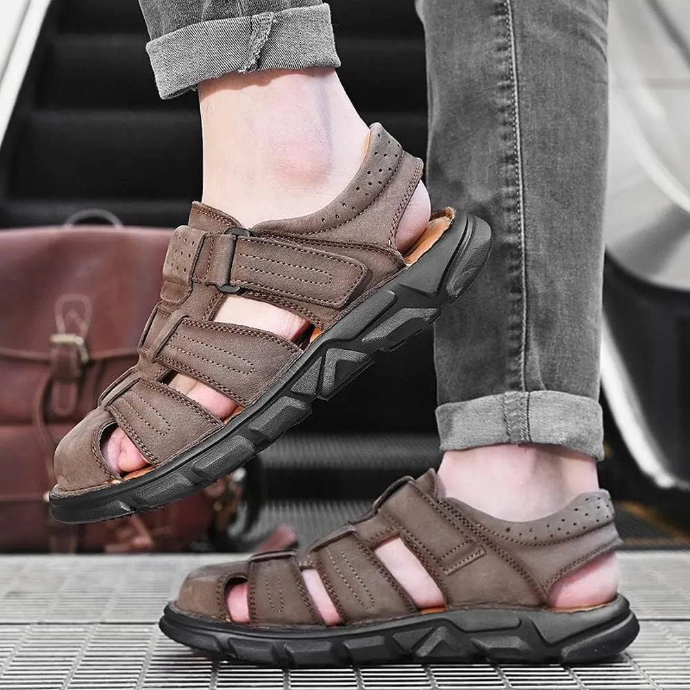 Men's Sandals Summer Genuine Leather Men's Sandals Lightweight Men's Shoes Outdoor Comfortable Beach Sandals Fashion Casual Shoes Sneakers,12,Black