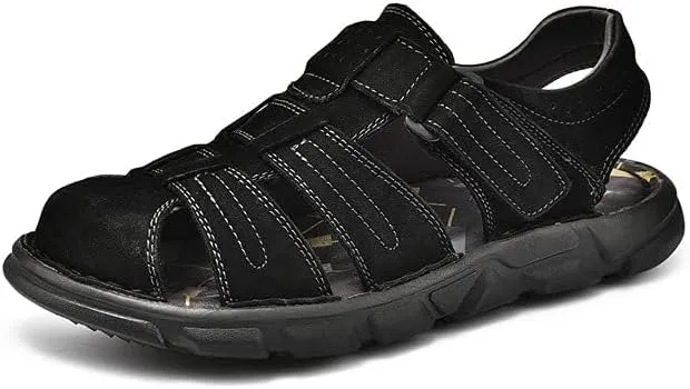 Men's Sandals Summer Genuine Leather Men's Sandals Lightweight Men's Shoes Outdoor Comfortable Beach Sandals Fashion Casual Shoes Sneakers,12,Black