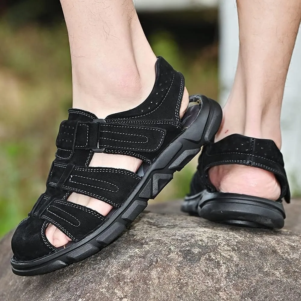 Men's Sandals Summer Genuine Leather Men's Sandals Lightweight Men's Shoes Outdoor Comfortable Beach Sandals Fashion Casual Shoes Sneakers,12,Black