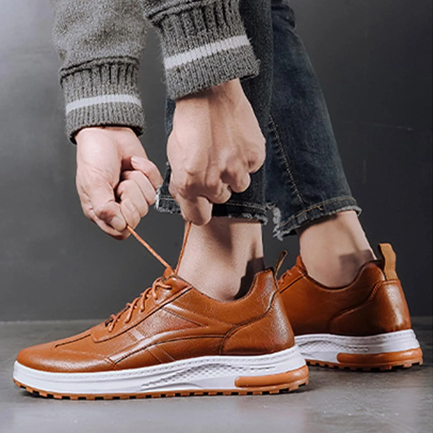 Mens Shoes Large Size Casual Leather Lace Up Solid Color Casual Fashion Simple Shoes Running Men Sneaker