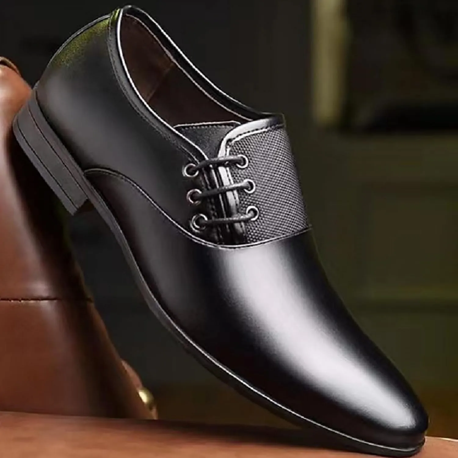 Men's Slip on Pointed Toe Oxford Shoes,Fashion Patent Leather Lace-up Decoration Formal Business Office Derby Dress Shoes Casual Comfy Non-Slip Flat Oxfords