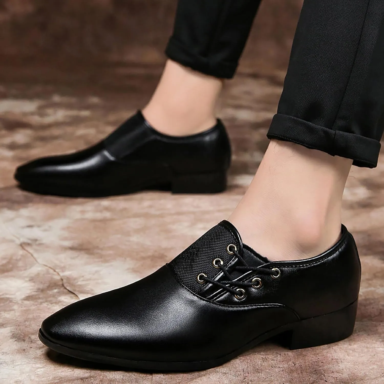 Men's Slip on Pointed Toe Oxford Shoes,Fashion Patent Leather Lace-up Decoration Formal Business Office Derby Dress Shoes Casual Comfy Non-Slip Flat Oxfords