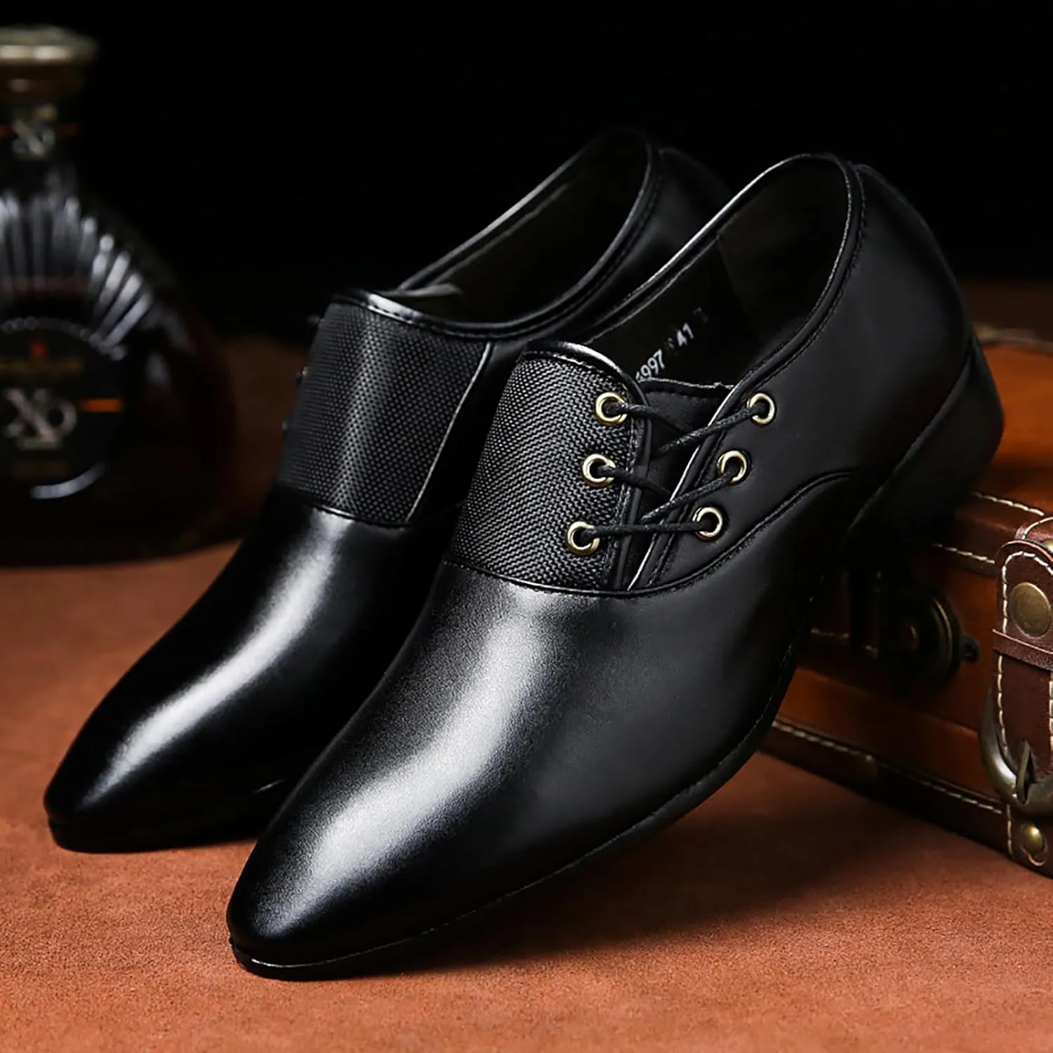 Men's Slip on Pointed Toe Oxford Shoes,Fashion Patent Leather Lace-up Decoration Formal Business Office Derby Dress Shoes Casual Comfy Non-Slip Flat Oxfords
